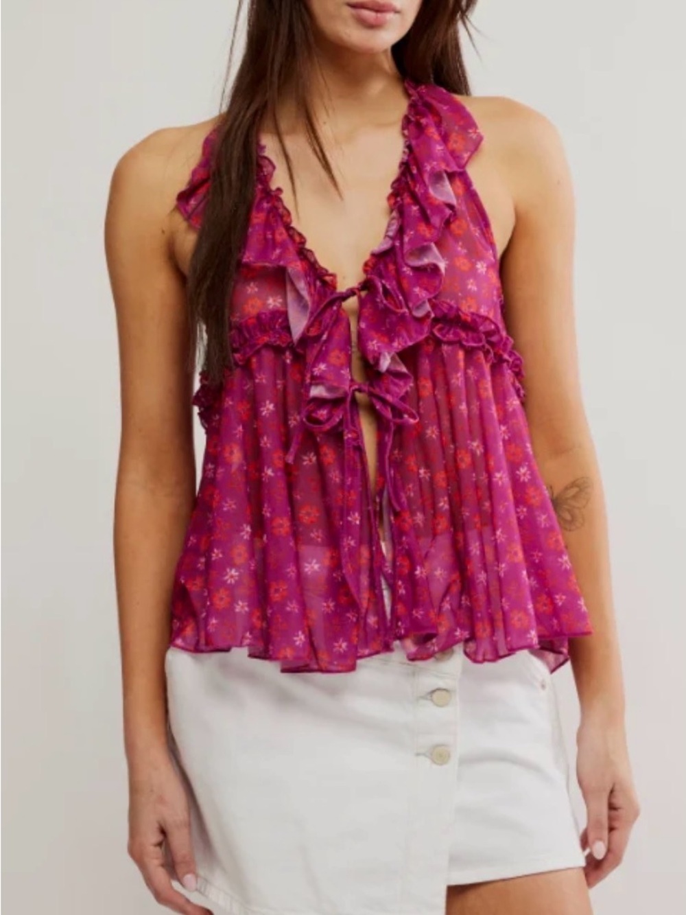 Free People Fearless Knit Tank Ruffle Tie-Front Halter Top - Dragonfruit
